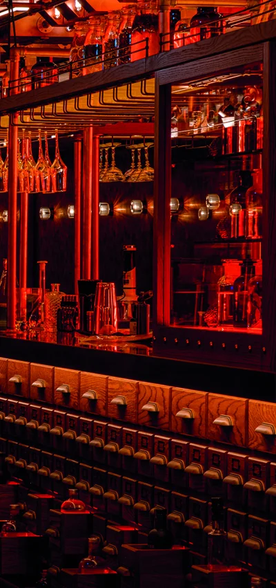 Bar Counter View With Red Colour Light Effect