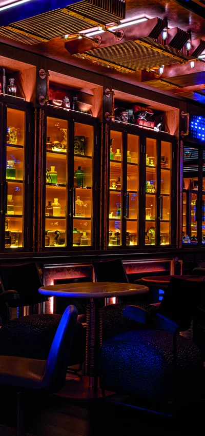 Bar Counter View With Red Colour Light Effect