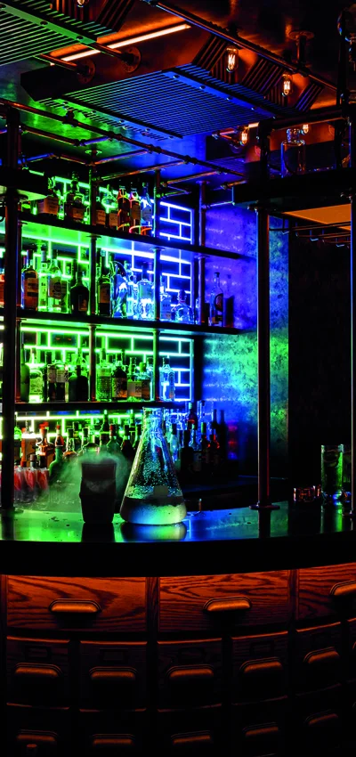 Bar Counter View With Red Colour Light Effect