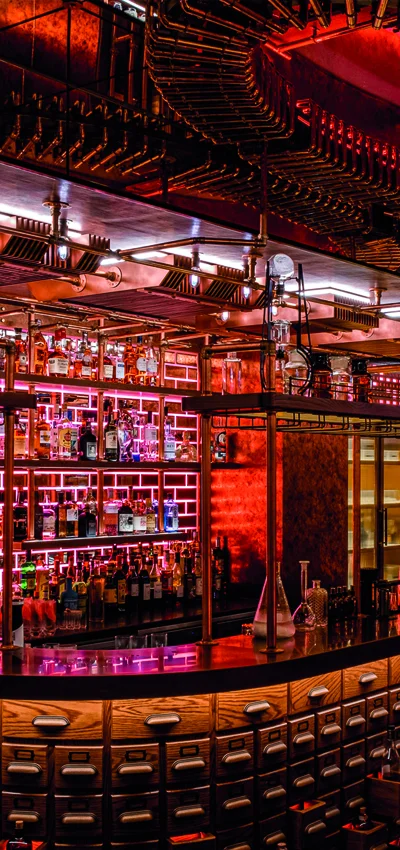 Bar Counter View With Red Colour Light Effect