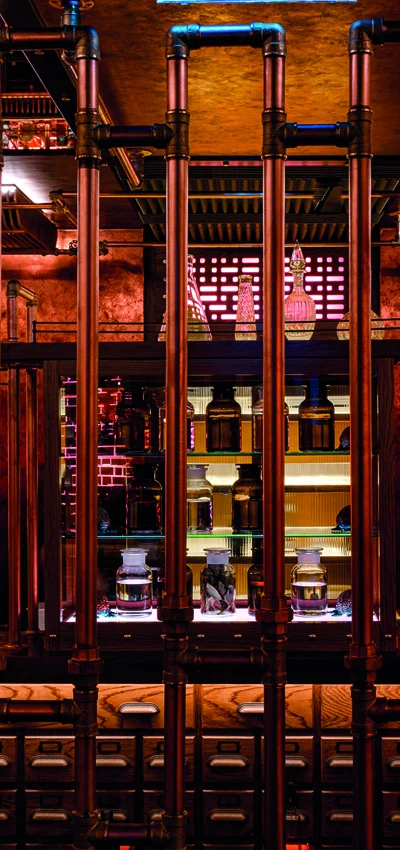 Bar Counter View With Red Colour Light Effect